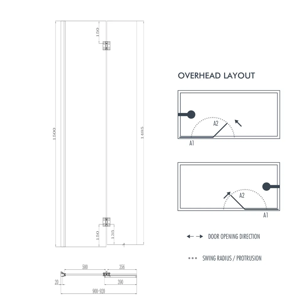 Harbour i8 Easy Clean 8mm Inward Hinged Bath Screen with Fixed Inline Panel - 1500 x 900mm
