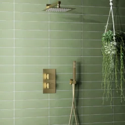 Harbour Status Brushed Brass Shower Package with 2 Outlet Valve, Fixed Head & Arm and Wall Shower Kit