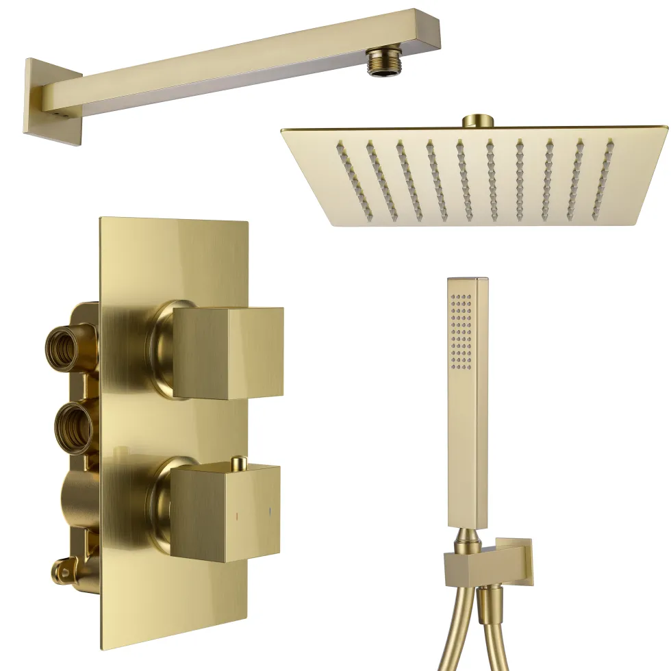 Harbour Status Brushed Brass Shower Package with 2 Outlet Valve, Fixed Head & Arm and Wall Shower Kit