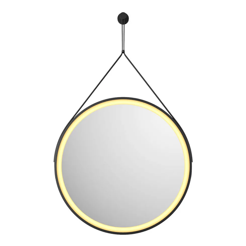 Harbour Status LED Illuminated Black Frame Round Mirror with Demister Pad, Colour Change LEDs & Strap - 600mm