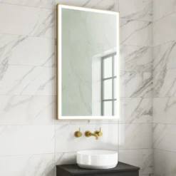 Harbour Status LED Illuminated Brushed Brass Framed Mirror with Demister Pad, Bluetooth & Colour Change LEDs - 600 x 1000mm