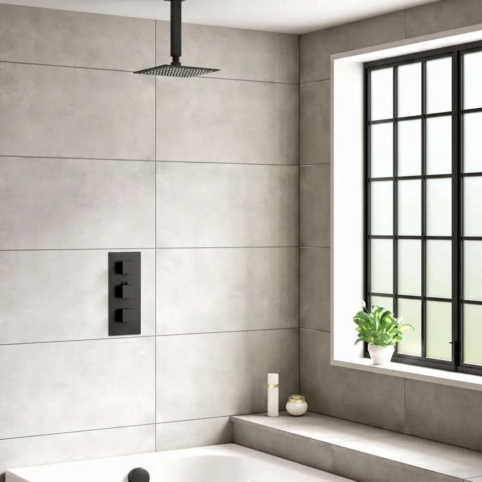 Harbour Status Matt Black Concealed Shower Valve, Fixed Ceiling Mounted Head & Overflow Bath Filler