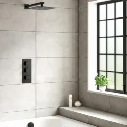 Harbour Status Matt Black Concealed Shower Valve, Fixed Wall Mounted Head & Overflow Bath Filler