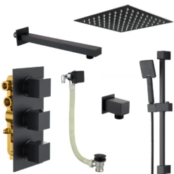 Harbour Status Matt Black Shower Package with 3 Outlet Valve, Fixed Head & Arm, Shower Rail Kit & Overflow Bath Filler