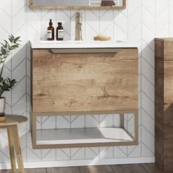 Harbour Virtue 600mm Wall Hung Vanity Unit with LED Illumination, Brushed Brass Frame Shelf and Handle & Basin