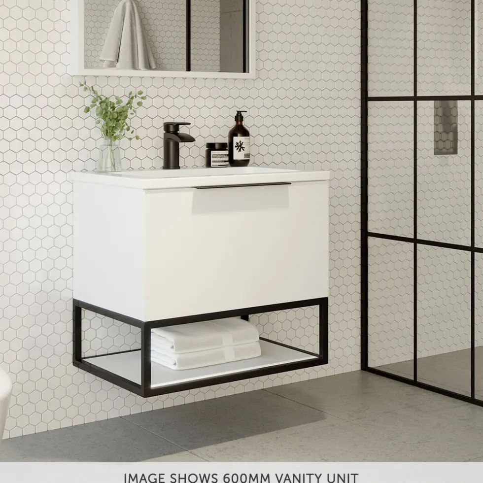 Harbour Virtue 800mm Wall Hung Vanity Unit with LED Illumination, Matt Black Frame Shelf and Handle & Basin