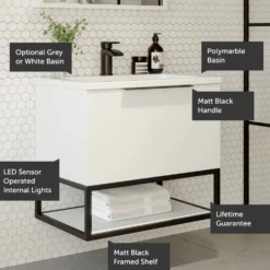 Harbour Virtue 800mm Wall Hung Vanity Unit with LED Illumination, Matt Black Frame Shelf and Handle & Basin