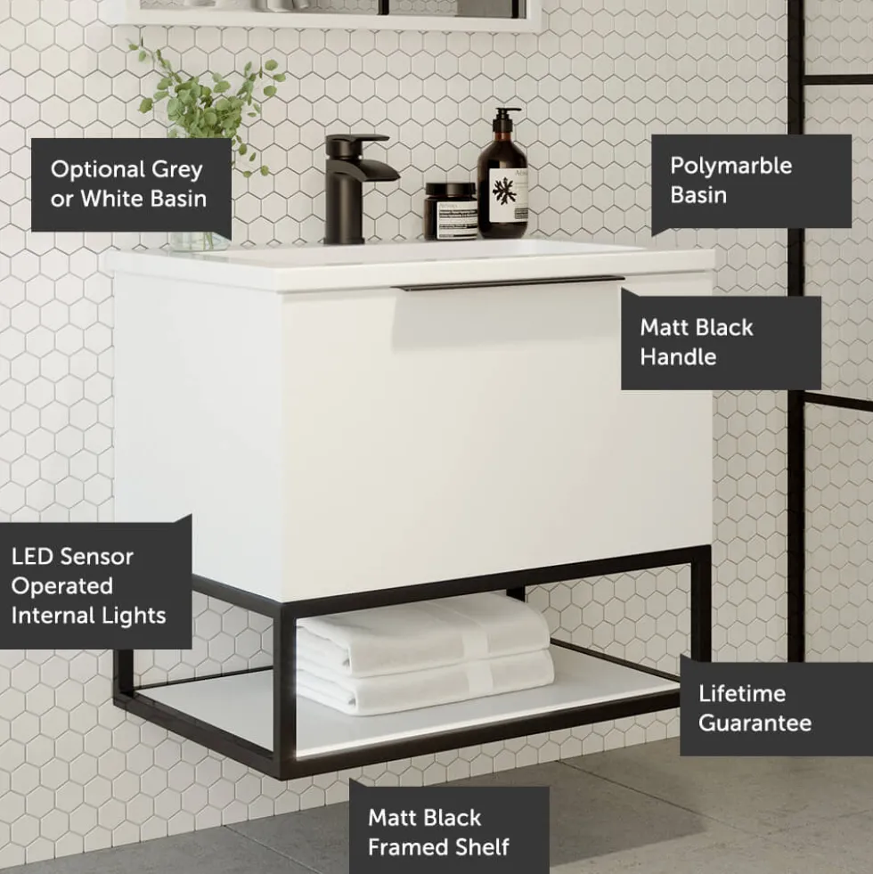 Harbour Virtue 800mm Wall Hung Vanity Unit with LED Illumination, Matt Black Frame Shelf and Handle & Basin