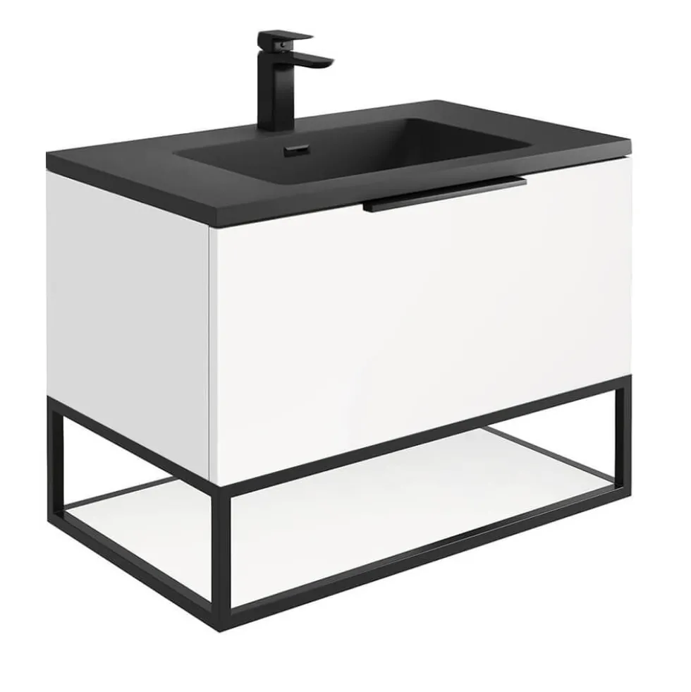 Harbour Virtue 800mm Wall Hung Vanity Unit with LED Illumination, Matt Black Frame Shelf and Handle & Basin