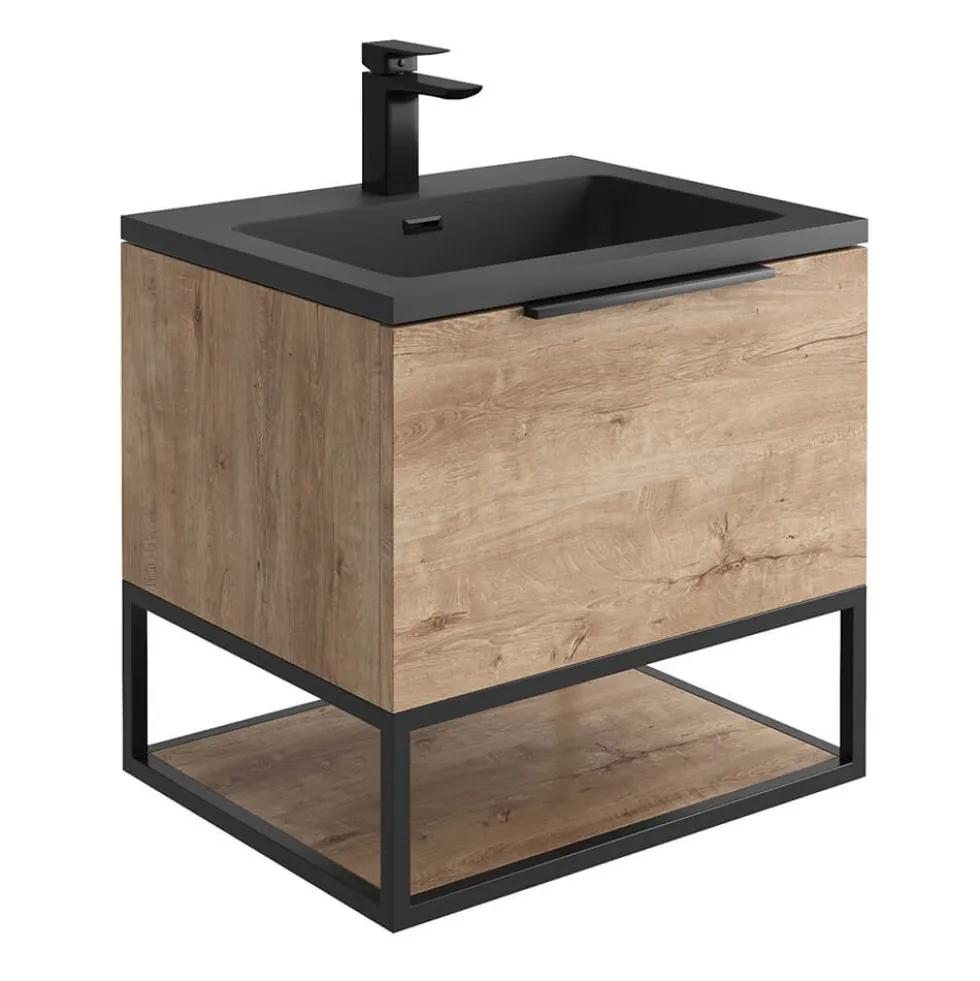 Harbour Virtue 600mm Wall Hung Vanity Unit with LED Illumination, Matt Black Frame Shelf and Handle & Basin