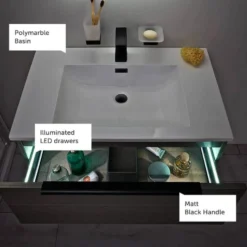 Harbour Virtue 600mm Wall Hung Vanity Unit with LED Illumination, Matt Black Frame Shelf and Handle & Basin