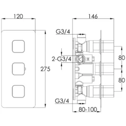 HIX 3 Handle 2 Outlet Concealed Thermostatic Horizontal Shower Valve