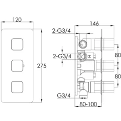 HIX 3 Handle 3 Outlet Concealed Thermostatic Horizontal Shower Valve