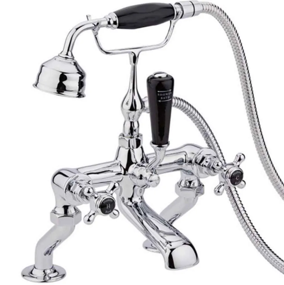 Hudson Reed Black Topaz Crosshead Deck Mounted Bath Shower Mixer with Handset Kit & Hexagonal Collar