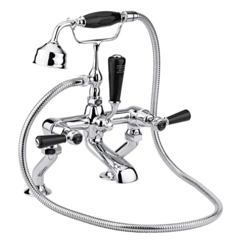 Hudson Reed Black Topaz Lever Deck Mounted Bath Shower Mixer with Handset Kit & Dome Collars