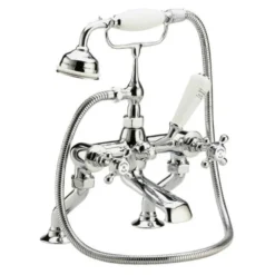Hudson Reed White Topaz Crosshead Deck Mounted Bath Shower Mixer with Handset Kit & Hexagonal Collar