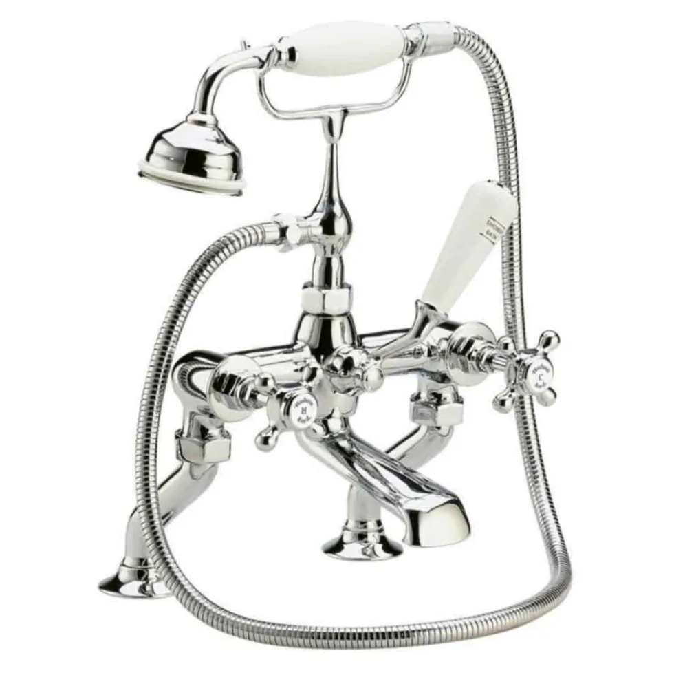 Hudson Reed White Topaz Crosshead Deck Mounted Bath Shower Mixer with Handset Kit & Hexagonal Collar