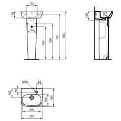 Ideal Standard i.life A 350mm Cloakroom Basin & Pedestal - Left or Right Hand Tap Hole