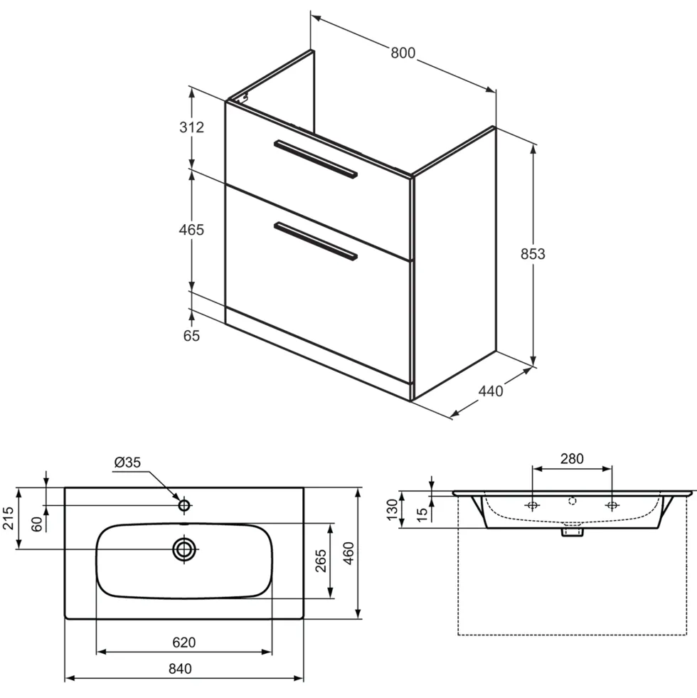 Ideal Standard i.life A 840mm Floorstanding 2 Drawer Vanity Unit & Basin