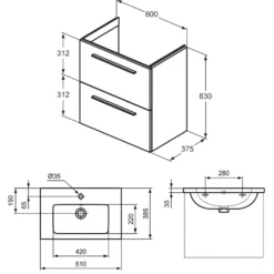 Ideal Standard i.life S 600mm Wall Mounted 2 Drawer Compact Vanity Unit & Basin