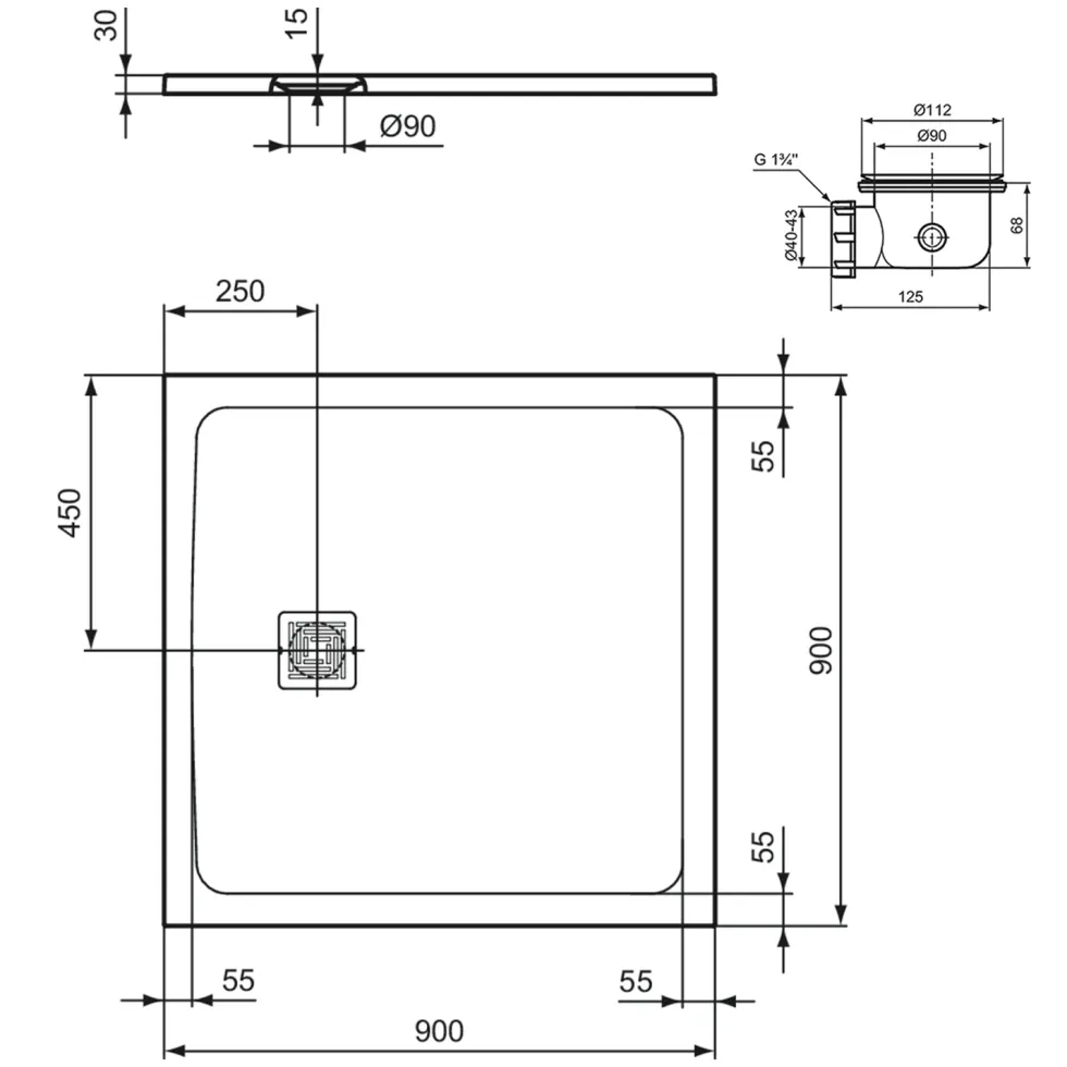 Ideal Standard Ultra Flat S+ Concrete Grey Square Anti-Slip Stone Resin Shower Tray - 2 Sizes