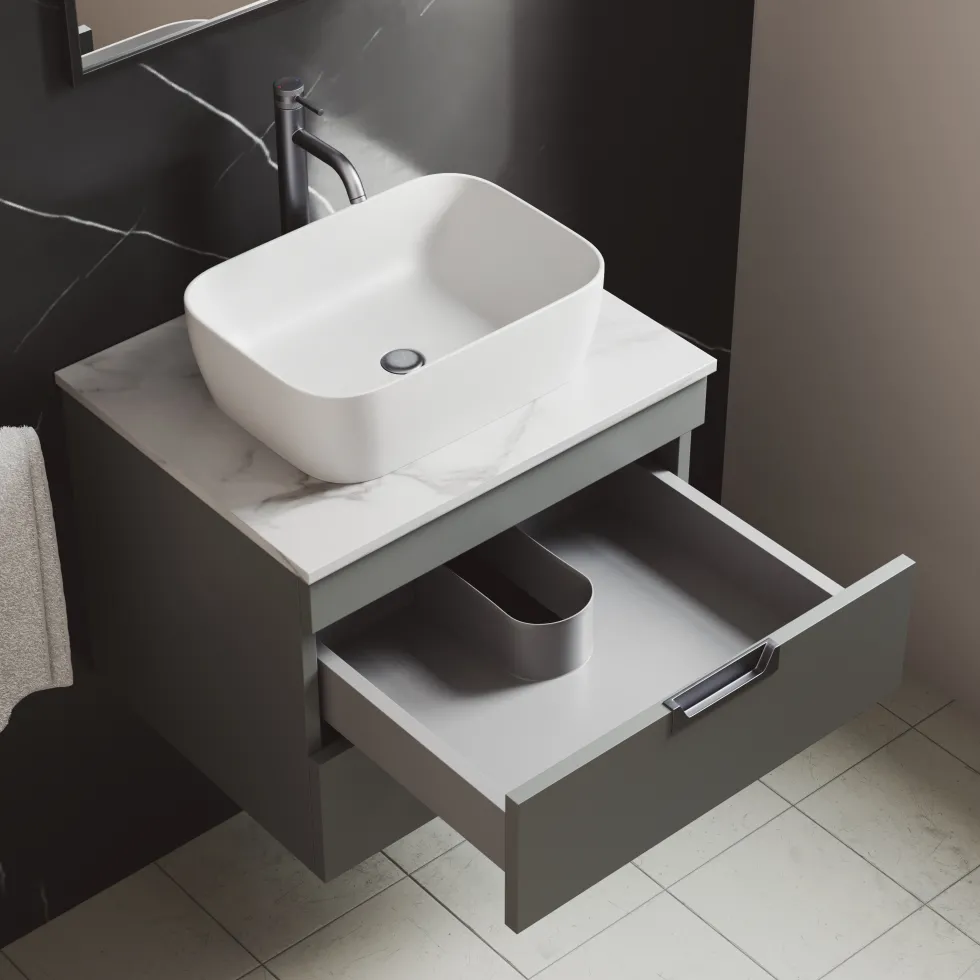 Isla 600mm Wall Hung Vanity Unit & Marble Sintered Stone Countertop