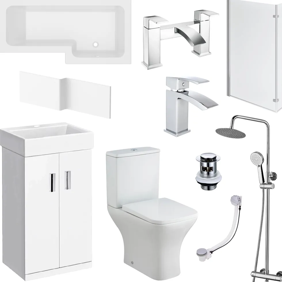 Jack Complete Bathroom Suite with 1700mm L Shaped Shower Bath & Rimless Toilet
