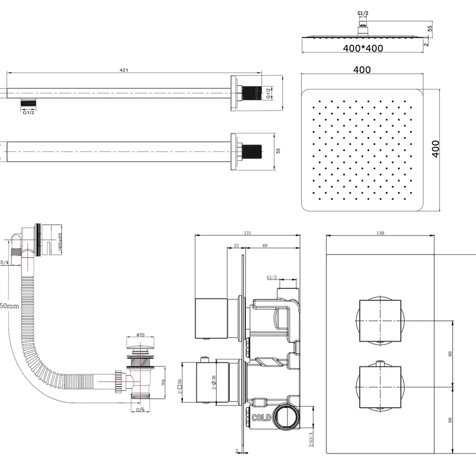 Jake Concealed Shower Valve, Fixed Shower Head & Overflow Bath Filler
