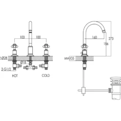 JTP Grosvenor Cross 3 Hole Basin Mixer Tap & Waste