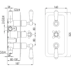 JTP Grosvenor Lever Vertical Concealed 2 Outlet 3 Control Shower Valve