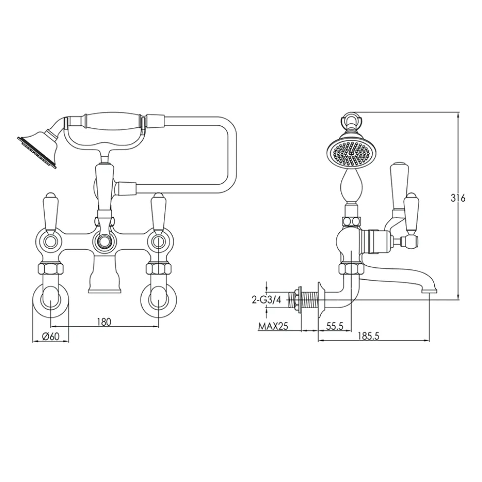 JTP Grosvenor Lever Wall Mounted Bath Shower Mixer With Kit