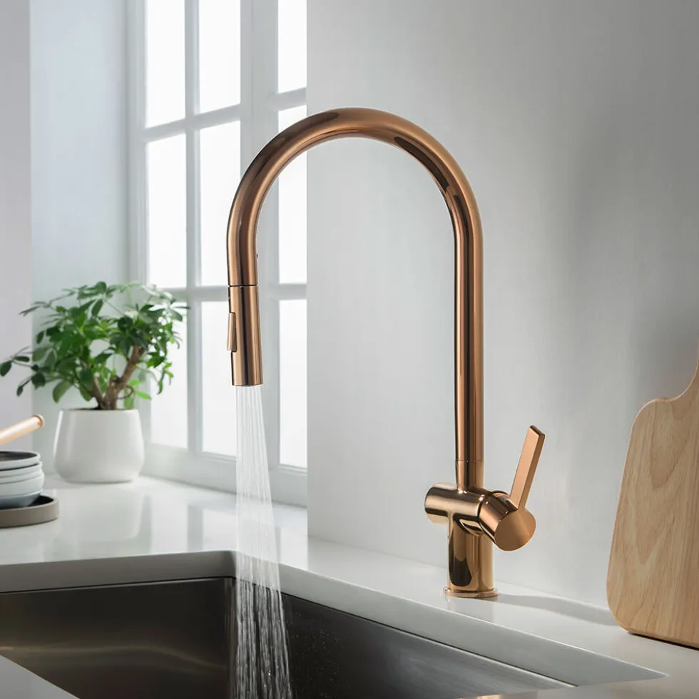 Just Taps VOS Pull Out Spray Single Lever Mono Kitchen Mixer - Rose Gold