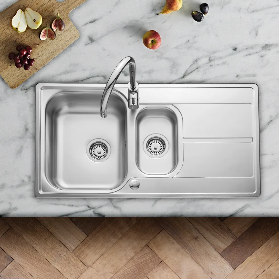 Leisure Aria 1.5 Bowl Satin Stainless Steel Kitchen Sink with Reversible Drainer - 950 x 508mm