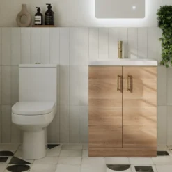 Lorraine Rimless Toilet & Vanity Unit Bathroom Suite with Brushed Brass Handles