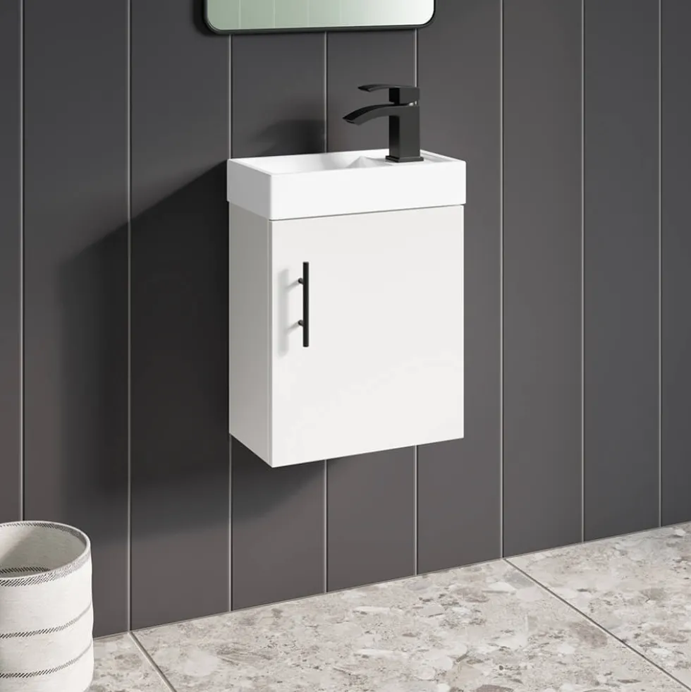 Maisie Compact 400mm Mini Cloakroom Wall Hung Vanity Unit with Black Handle & Basin - Gloss White