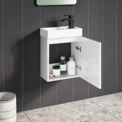 Maisie Compact 400mm Mini Cloakroom Wall Hung Vanity Unit with Black Handle & Basin - Gloss White
