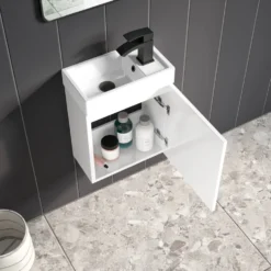 Maisie Compact 400mm Mini Cloakroom Wall Hung Vanity Unit with Black Handle & Basin - Gloss White
