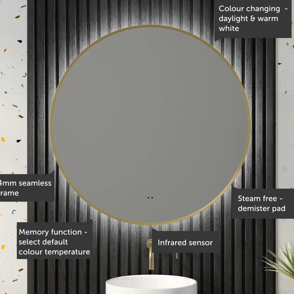 Marcos LED Illuminated Round Framed Mirror with Demister Pad & Colour Change Lights - 800mm