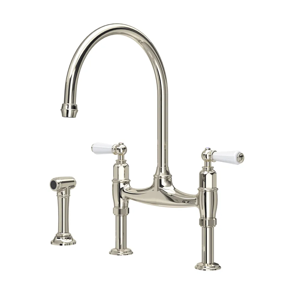 Perrin & Rowe Ionian Lever 2 Hole Bridge Sink Mixer with Pull-Out Hand Rinse