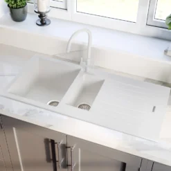 Rangemaster Andesite 1.5 Bowl Granite Crystal White Sink & Waste Kit with Reversible Drainer - 1000 x 500mm