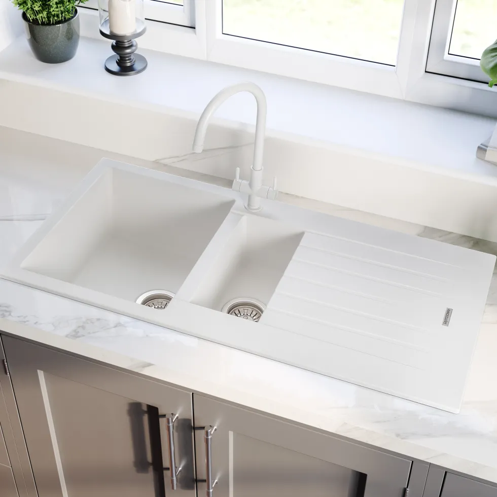 Rangemaster Andesite 1.5 Bowl Granite Crystal White Sink & Waste Kit with Reversible Drainer - 1000 x 500mm