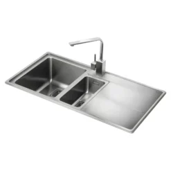 Rangemaster Arlington 1.5 Bowl Brushed Stainless Steel Sink & Waste Kit with Right Hand Drainer - 985 x 508mm