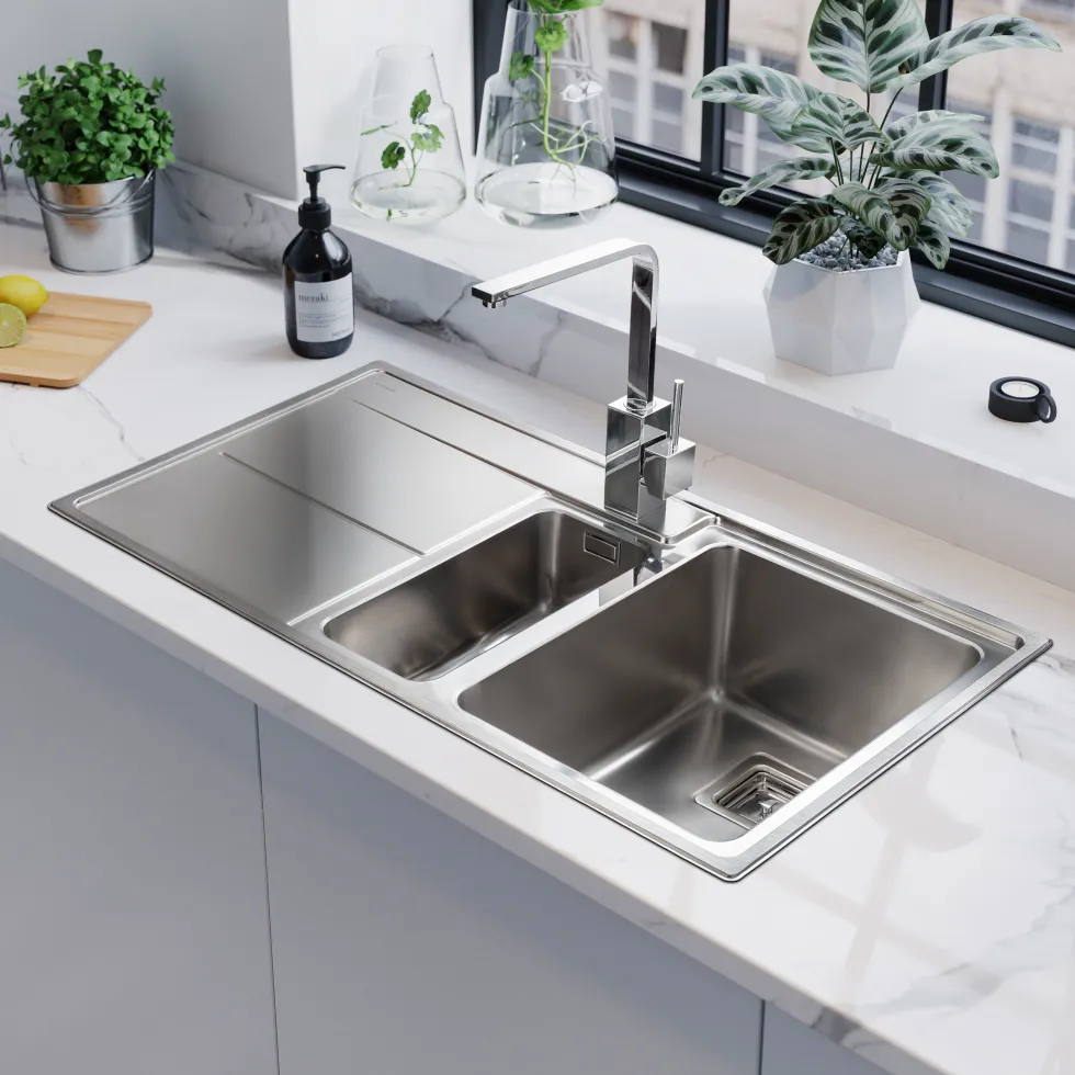 Rangemaster Arlington 1.5 Bowl Brushed Stainless Steel Sink & Waste Kit with Left Hand Drainer - 985 x 508mm