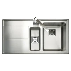 Rangemaster Arlington 1.5 Bowl Brushed Stainless Steel Sink & Waste Kit with Left Hand Drainer - 985 x 508mm