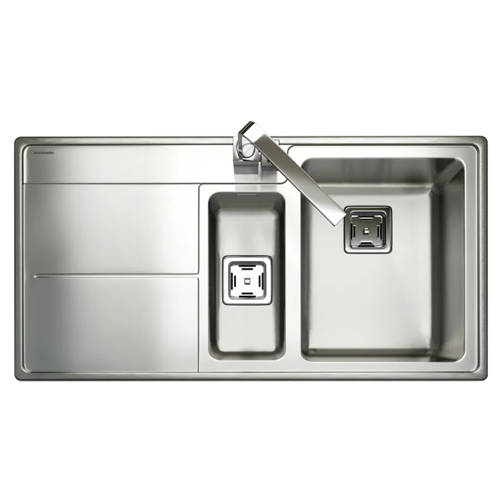 Rangemaster Arlington 1.5 Bowl Brushed Stainless Steel Sink & Waste Kit with Left Hand Drainer - 985 x 508mm