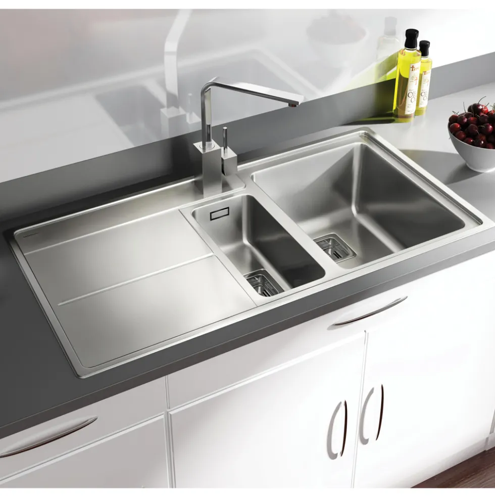 Rangemaster Arlington 1.5 Bowl Brushed Stainless Steel Sink & Waste Kit with Left Hand Drainer - 985 x 508mm
