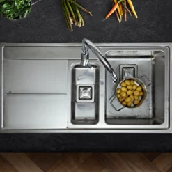 Rangemaster Arlington 1.5 Bowl Brushed Stainless Steel Sink & Waste Kit with Left Hand Drainer - 985 x 508mm