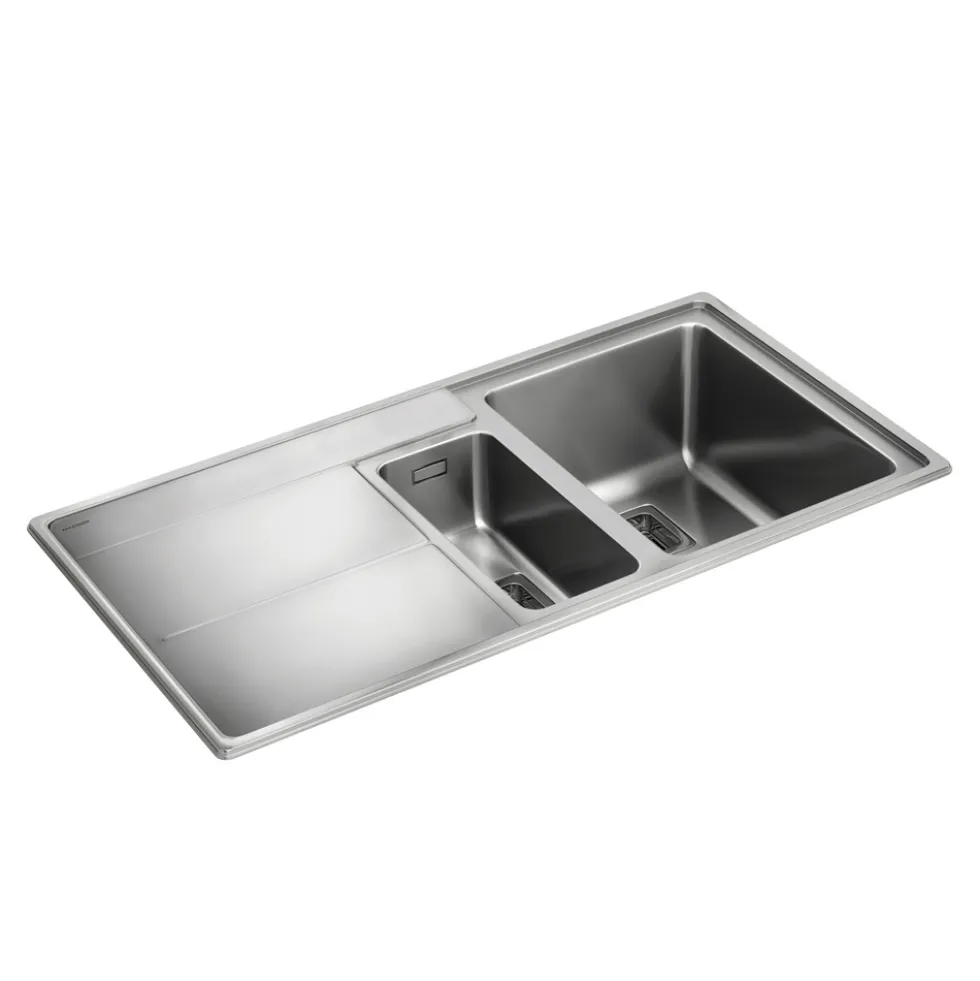 Rangemaster Arlington 1.5 Bowl Brushed Stainless Steel Sink & Waste Kit with Left Hand Drainer - 985 x 508mm