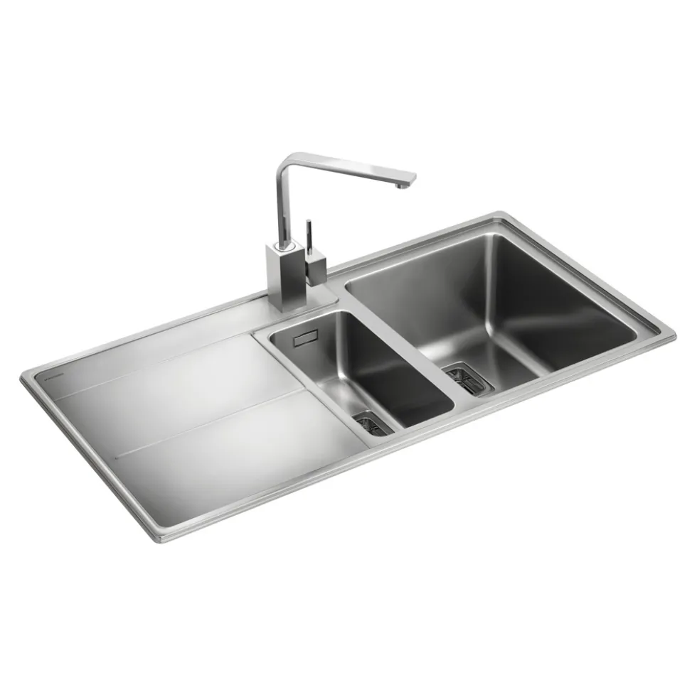 Rangemaster Arlington 1.5 Bowl Brushed Stainless Steel Sink & Waste Kit with Left Hand Drainer - 985 x 508mm