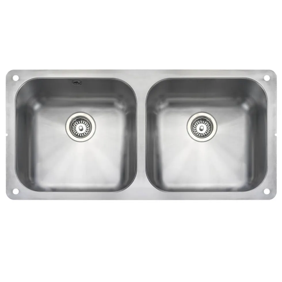 Rangemaster Atlantic Classic 2 Bowl Brushed Stainless Steel Undermount Sink & Waste Kit - 945 x 460mm
